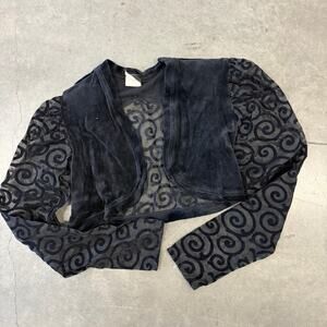 Vintage Y2k Black Velour Swirl Sheer Mesh Open Front Women's Longsleeve Top M